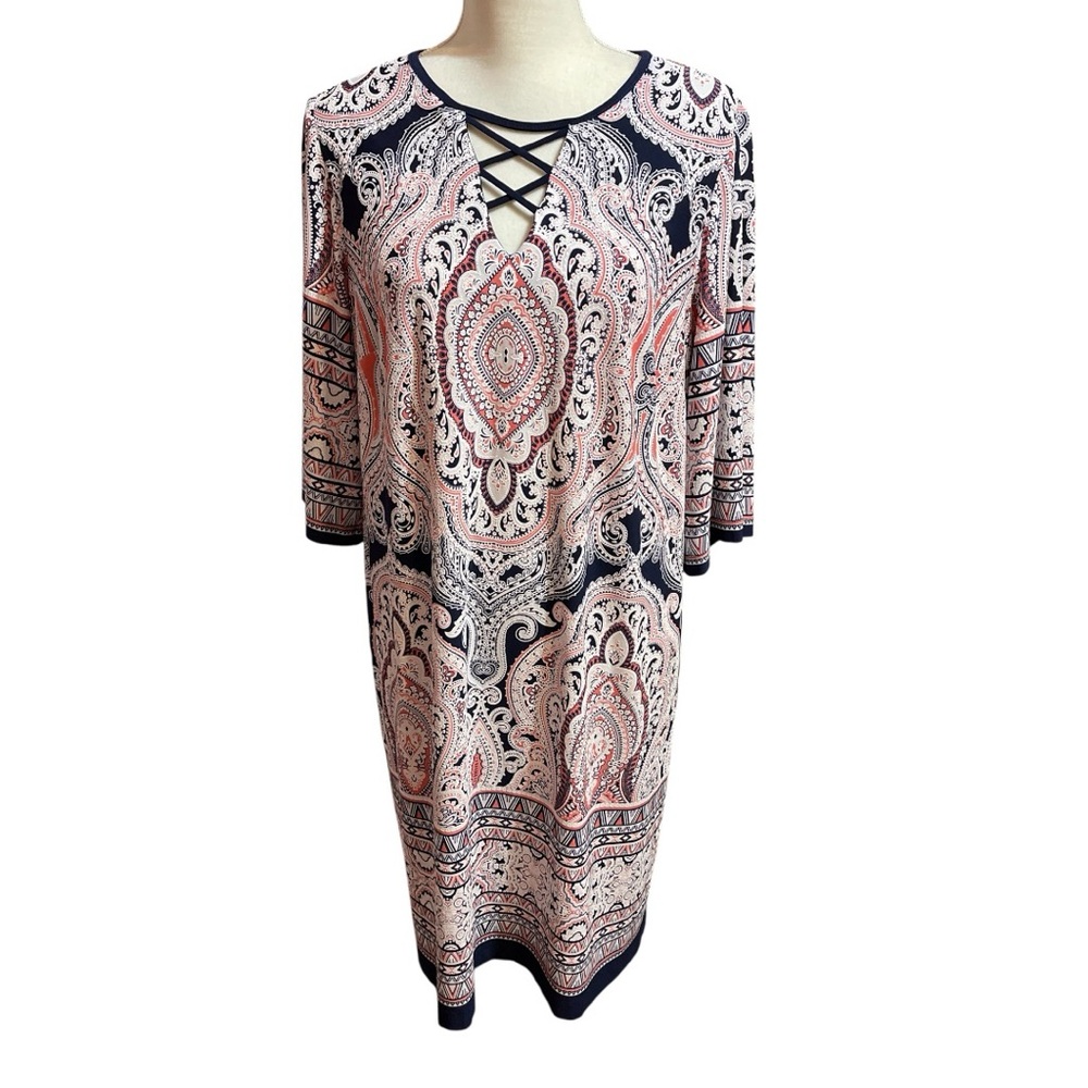 Roz & Ali Women Midi Dress 3/4 Sleeve Cut Out Crew Neck Pink White Navy Size 14